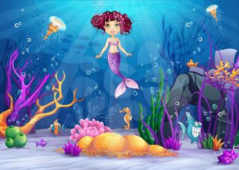 Royalty Free Clipart Image of a Mermaid Underwater