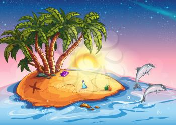 Royalty Free Clipart Image of an Island With Dolphins Beside It
