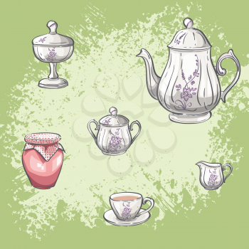 Royalty Free Clipart Image of a Background of Tea Items