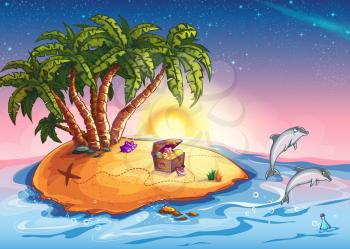 Royalty Free Clipart Image of an Island With a Treasure Chest and Dolphins Leaping Out of the Water