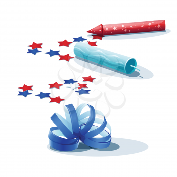 Royalty Free Clipart Image of Confetti, Streamers and Fireworks