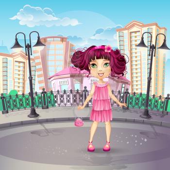 Royalty Free Clipart Image of a Little Girl in the City