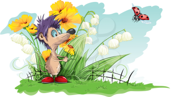 Royalty Free Clipart Image of a Mouse With Purple Hair in a Garden