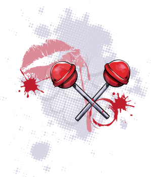 Royalty Free Clipart Image of Lollipops and Lips on a Grunge Background