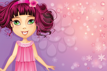 Royalty Free Clipart Image of a Girl on a Pink and Mauve Background
