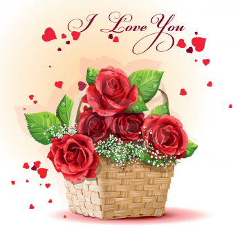 Royalty Free Clipart Image of a Basket of Roses on an I Love You Background