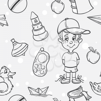 Royalty Free Clipart Image of a Little Boy and Toys
