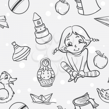 Royalty Free Clipart Image of a Little Girl and Toys
