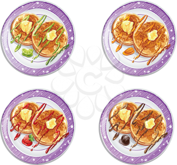 Royalty Free Clipart Image of Four Plates of Pancakes