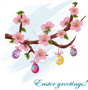 Royalty Free Clipart Image of an Easter Greeting With Eggs and Cherry Blossoms