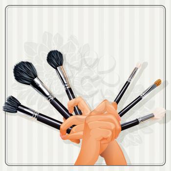 Royalty Free Clipart Image of Hands Holding Cosmetic Brushes