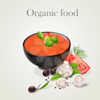 Royalty Free Clipart Image of a Bowl of Soup and Vegetables