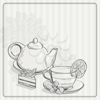 Royalty Free Clipart Image of a Vintage Background With Afternoon Tea