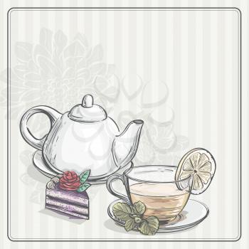 Royalty Free Clipart Image of a Vintage Background With Afternoon Tea