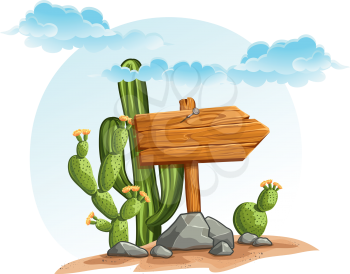 Royalty Free Clipart Image of Cacti and a Wooden Sign