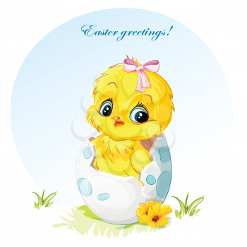 Royalty Free Clipart Image of an Easter Greeting With a Chick in an Egg