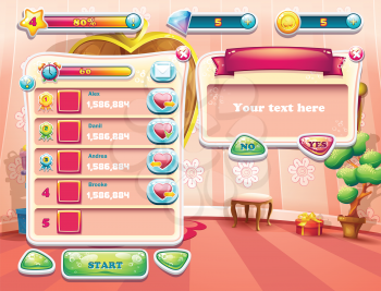 An example of one of the screens of the computer game with a loading background bedroom princess, user interface and various ellement. Set 2