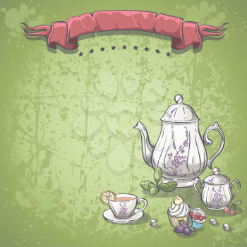 Background image with tea service with tea leaves, and fruit cakes