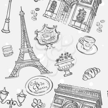 Seamless texture in black outline with the image of the Eiffel Tower, France, and other items