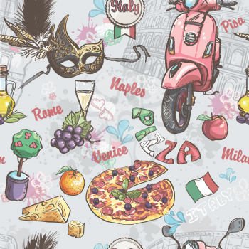 Seamless texture on italy. With a picture of food, fruit, wine, carnival masks and other