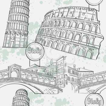 Seamless texture with the image arhitekturi Italy. The Coliseum, the Ri-alto Bridge, the Tower of Pisa.