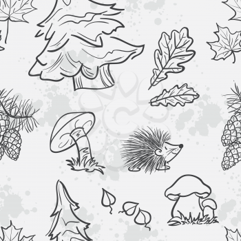 Seamless texture with the image of funny little animals, trees, fungi and leaves