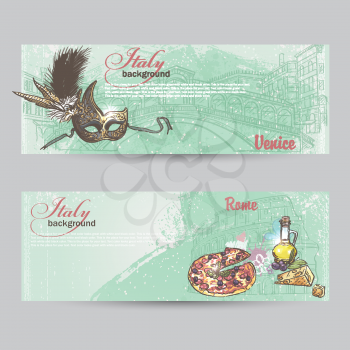 Set of horizontal banners of Italy. Cities of Rome and Venice mask, Pitz, cheese and a can of oil