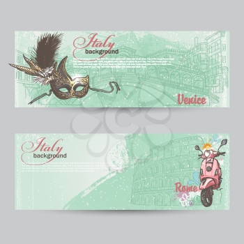 Set of horizontal banners of Italy. Cities of Rome and Venice with a mask and a pink moped