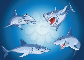 Set of scary sharks in cartoon style