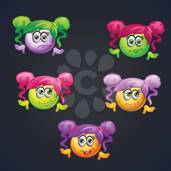 Set of smilies girls with different emotions for computer games.