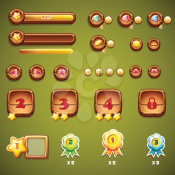 Set of wooden buttons, progress bars, and other elements for web design and user interface of computer games