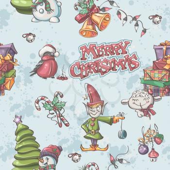 Seamless texture to the Christmas and New Year with snowman, Christmas tree, elf, Snigerev and Christmas decorations