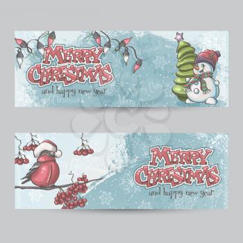 Set of horizontal banners for Christmas and the new year with a picture of a snowman and bullfinch on the branch