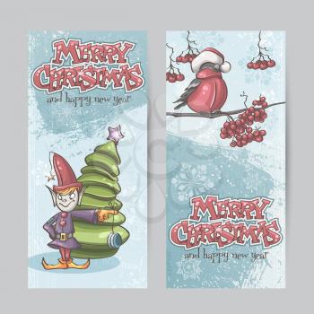 Set of vertical banners for Christmas and the new year with a picture of an elf and Bullfinch on a branch