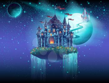 Illustration space castle with a waterfall on the background of the planet