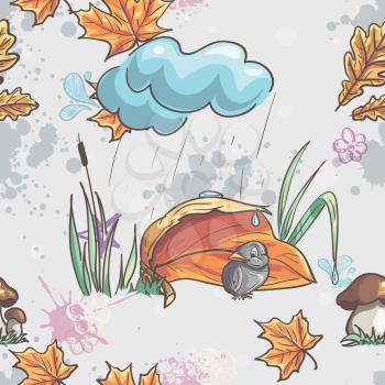 Seamless texture with autumn leaves and a sparrow in the rain