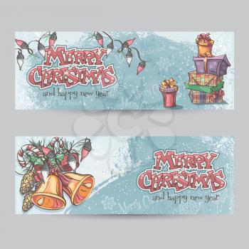 Set of horizontal Christmas cards with flashlights, bells and gifts