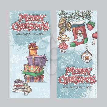 Set of vertical Christmas cards with flashlights, bells and gifts