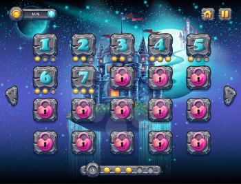 Illustration fabulous space with cheerful planets with the example screen levels, the game interface with a progress bar, panel objects, buttons for gaming or web design