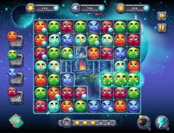 Illustration fabulous space with the image of the game screen with the interface of the game playing field with fun planets as well as the progress bar, bars objects, coins, crystals and various butto