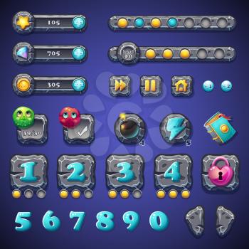 Set stone buttons, progress bars, bars objects, coins, crystals, icons, boosters and other ellementov for web design and user interface of computer games