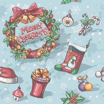 Seamless texture for Christmas and New Year holidays with the image of toys, wreath, sock snowflakes

