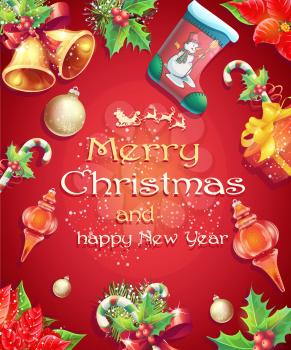 Greeting card with Christmas and New Year with the image of Christmas items