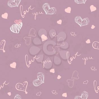 Seamless texture for Valentine's Day with hearts and inscriptions