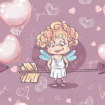 Seamless texture for Valentine's Day with the image of Cupid with balloons