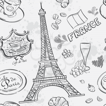 Seamless texture with the image of the Eiffel Tower and other items depicting France