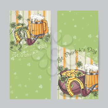 Set of vertical banners for St. Patrick's Day with horseshoe and pot of gold for