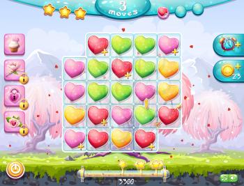 Example of the playing field and gather three in a row and the interface for a computer game on the theme of Valentine's Day