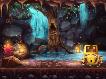 Illustration fantasy cave with a waterfall, a tree and a treasure chest