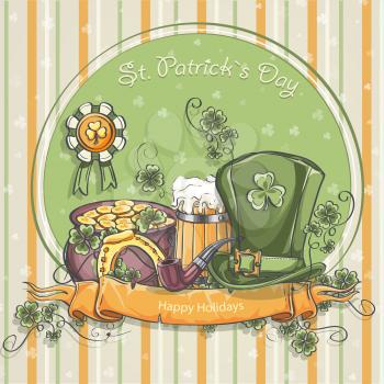 Greeting card for St. Patrick's Day with a picture of a hat, mug of beer and pot of gold